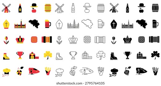 A collection of icons in various styles featuring Belgian symbols. A collection of icons representing Belgium. 10 EPS.