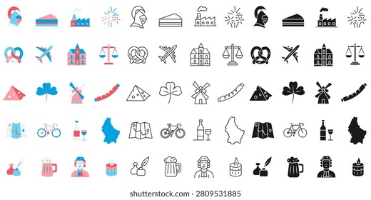 A collection of icons in various styles featuring symbols of Luxembourg. 10 EPS.
