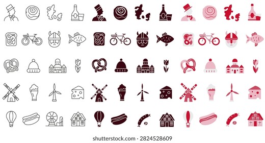 A collection of icons in various styles featuring images of Danish symbols. 10 EPS.