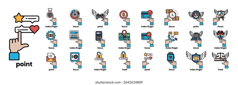 A collection of icons for various things including a hand pointing
