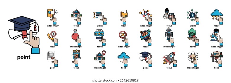 A collection of icons for various things including a hand pointing