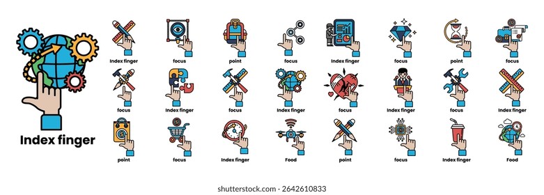 A collection of icons for various things including a hand pointing