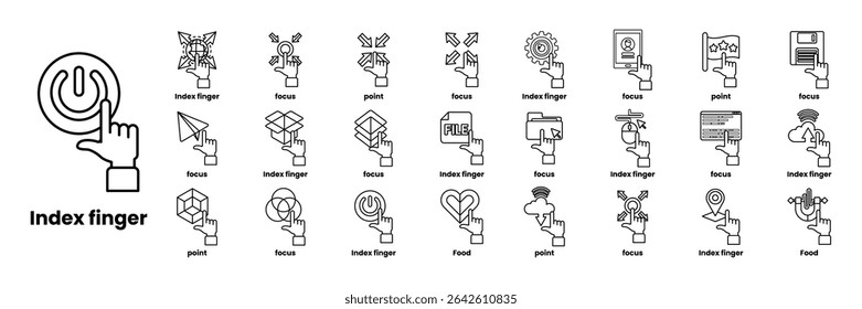A collection of icons for various things including a hand pointing