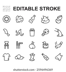 Collection of icons of various types of trash. Made in thin line style. Contains icons such as trash can, plastic trash, waste and more.