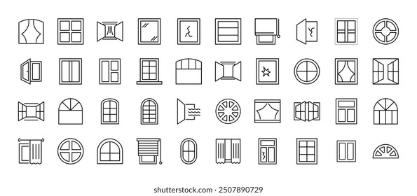 Collection of icons of various windows as part of house for Advertisement. Suitable for books, stores, shops. Editable stroke in minimalistic outline style. Symbol for design
