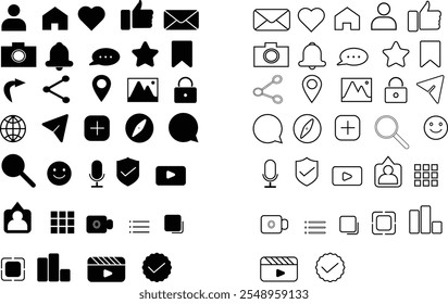 Sammlung von Symbolen. Vektorgrafik. Satz von klassischen UI-Website-Symbolen mit editierbarem Strich. Social, teilen, Web, mobile Icon-Set