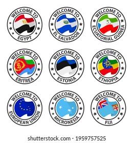 Collection of icons welcome to. Egypt, El Salvador, Equatorial Guinea, Eritrea, Estonia, Ethiopia, European Union, Micronesia, Fiji. Stamp welcome to with country flag