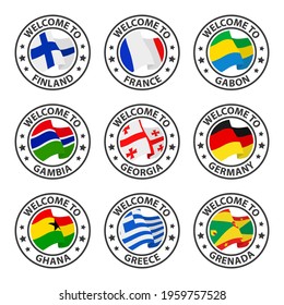 Collection of icons welcome to. Finland, France, Gabon, Gambia, Georgia, Germany, Ghana, Greece, Grenada. Stamp welcome to with country flag