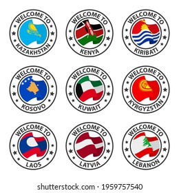 Collection of icons welcome to. Kazakhstan, Kenya, Kiribati, Kosovo, Kuwait, Kyrgyzstan, Laos, Latvia, Lebanon. Stamp welcome to with country flag