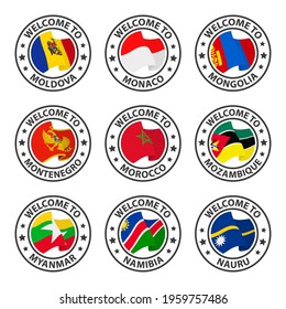 Collection of icons welcome to. Moldova, Monaco, Mongolia, Montenegro, Morocco, Mozambique, Myanmar, Namibia, Nauru. Stamp welcome to with country flag