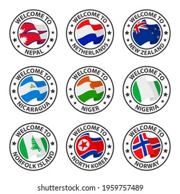 Collection of icons welcome to. Nepal, Netherlands, New Zealand, Nicaragua, Niger, Nigeria, Norfolk Island, North Korea, Norway. Stamp welcome to with country flag