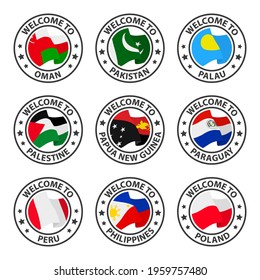 Collection of icons welcome to. Oman, Pakistan, Palau, Palestine, Papua New Guinea, Paraguay, Peru, Philippines, Poland. Stamp welcome to with country flag