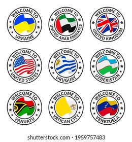 Collection of icons welcome to. Ukraine, United Arab Emirates, United Kingdom, United States, Uruguay, Uzbekistan, Vanuatu, Vatican City, Venezuela. Stamp welcome to with country flag