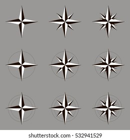 Collection of icons wind rose. Vector illustration. Black contour on a gray background.