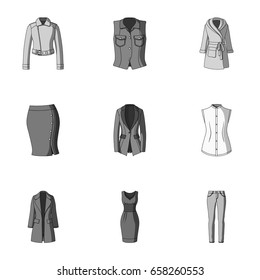 Collection of icons of womens clothing. Various women's clothes for work, walking, sports. Women clothing icon in set collection on monochrome style vector symbol stock illustration.