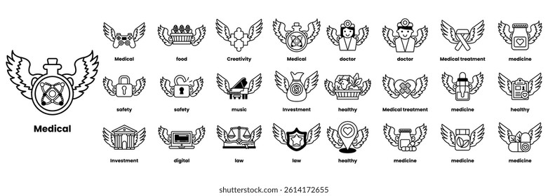 A collection of icons for the word MEDICAL. The icons include a heart, a house, a car, a clock, a bottle, a person, a bird, and a fish