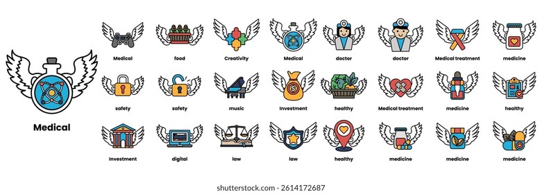 A collection of icons for the word MEDICAL. The icons include a heart, a house, a car, a clock, a bottle, a person, a bird, and a fish