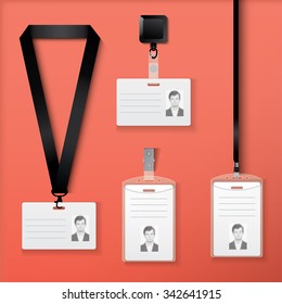 Collection of id cards with lanyard, retractor and clasp. Vector illustration