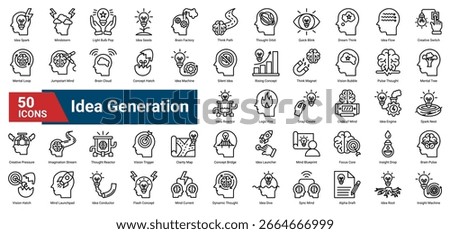 A collection of Idea Generation icons. Containing creativity, sparks, innovation, brain activity, mental flow, clarity, and thought processes. Ideal for ideation and planning visuals.