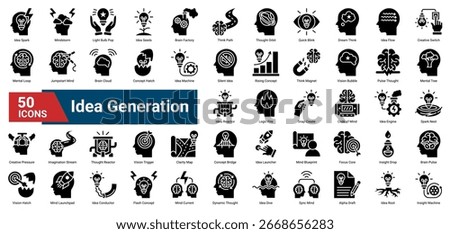 A collection of Idea Generation icons. Containing creativity, sparks, innovation, brain activity, mental flow, clarity, and thought processes. Ideal for ideation and planning visuals.