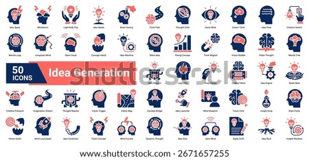 A collection of Idea Generation icons. Containing creativity, sparks, innovation, brain activity, mental flow, clarity, and thought processes. Ideal for ideation and planning visuals.