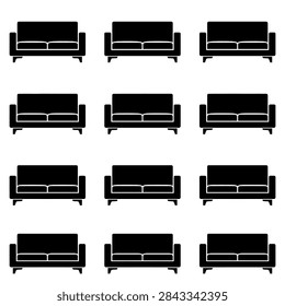 A collection of identical black sofas displayed in a symmetrical grid formation
