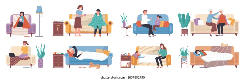 Collection of ill or sick and recovered people on sofa or couch at home. Sick person having cold. Adults and children having influenza, common cold or infection and recovering. Flu and sickness