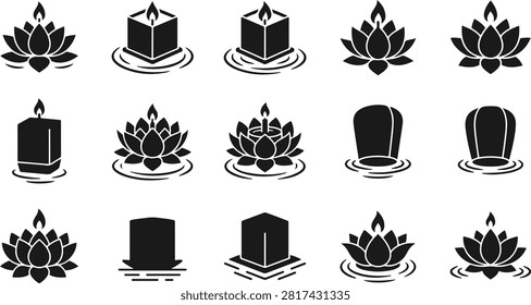 Collection of illuminated floating lanterns and serene lotus flowers on water surfaces perfect for spiritual and festive event promotion.