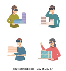 Collection of illustrated architects using vr technology for building design