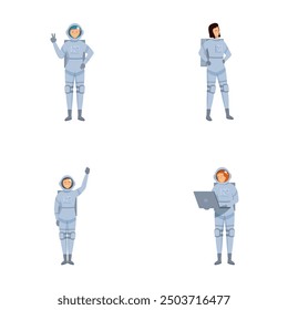 Collection of illustrated astronauts showing various gestures, suitable for diverse design purposes