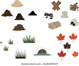 A collection of illustrated autumnal elements including piles of dirt, firewood, and maple leaves, set against a clean white background.
