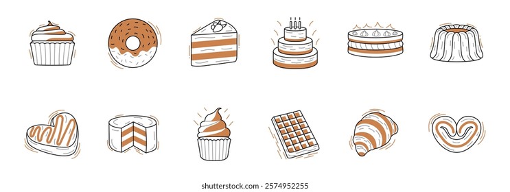 A collection of illustrated bakery items including cakes, cupcakes, pastries, and cookies, in a simple line art style.