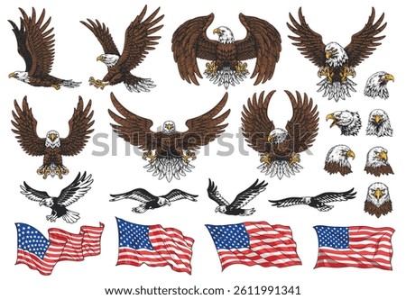 A collection of illustrated bald eagles in various poses alongside American flags representing patriotism and the spirit of the United States. Diverse styles showcase strength and grace.