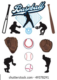 A collection of illustrated baseball elements. Batts, balls, athletes, mitts or gloves