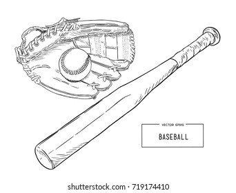 A collection of illustrated baseball elements. Batts, balls, mitts or gloves, sketch vector.