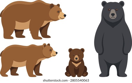 Collection of illustrated bears in different postures including standing adult brown bears cub and upright dark gray bear

