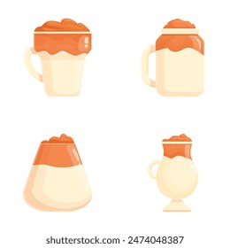 Collection of illustrated beer mugs and glasses, each with a creamy foam topping