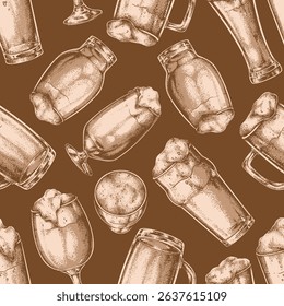 A collection of illustrated beer varieties served in different glassware on a brown background. The artwork showcases creative designs with frothy tops and diverse shapes.