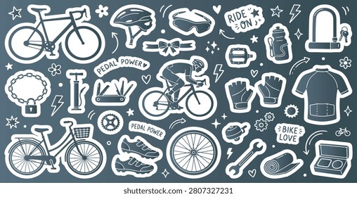 A collection of illustrated bicycle-related items, including bicycles, helmets, cycling gear, tools, and accessories, presented as stickers on a dark background.