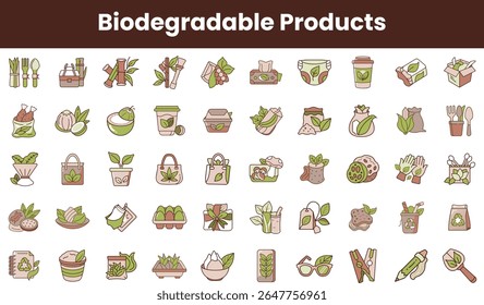 A collection of illustrated biodegradable products, showcasing eco-friendly items such as containers, utensils, and bags. The designs are vibrant and engaging.