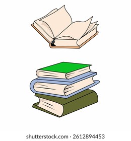 A collection of illustrated books, featuring an open book at the top and stacked closed books below, emphasizing themes of education and knowledge.