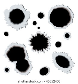 Collection of illustrated bullet holes in metal background