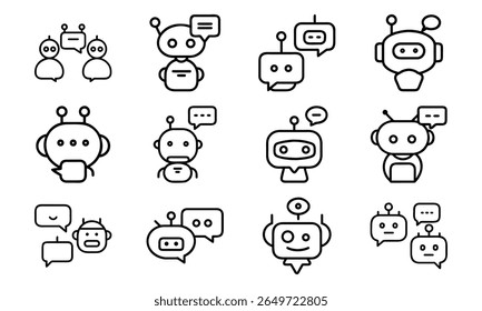 Coleção de ícones ilustrados chatbot representando inteligência artificial e comunicação automatizada em um estilo linear simples