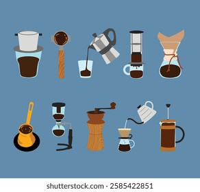 A collection of illustrated coffee brewing methods, including pour-over, French press, AeroPress and more. Perfect for café menus, coffee guides, educational materials, and barista-themed design. 