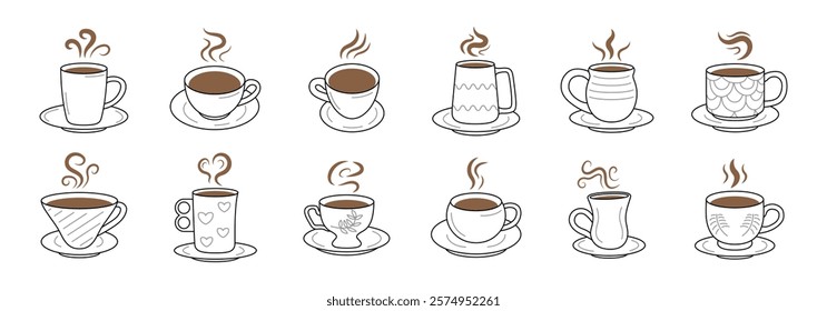 A collection of illustrated coffee cups showcasing diverse designs and styles served with saucers.