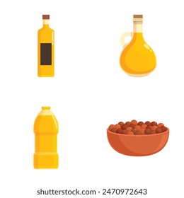 Collection of illustrated cooking oils and nuts, including olive oil, ideal for culinary designs