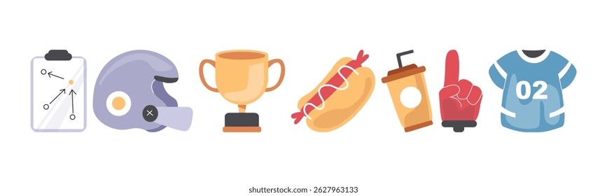 Collection of illustrated elements representing football game day essentials, from the game plan to the celebratory food.