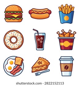 A collection of illustrated fast food items including a burger, hot dog, fries, donut, soda, fried chicken, breakfast plate, pie, and coffee cup.