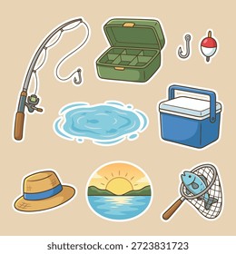 Uma coleção de itens de pesca ilustrados, incluindo uma haste, caixa de equipamento, refrigerador, chapéu, peixe, rede, gancho, bobber e uma paisagem de água cênica.