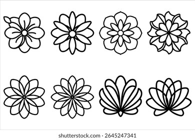 Coleção de Contornos de Flor Ilustrados Representando Vários Arranjos Florais e Estilos de Flores, Perfeito para Desenhos Botânicos e Elementos Decorativos